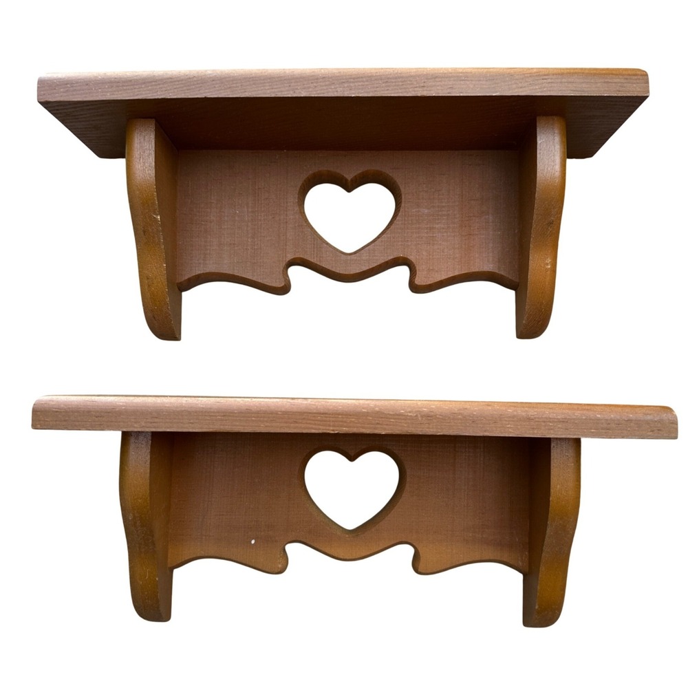 Vintage Wood Floating Heart Cutout Wall Shelves Set of 2 Brown Farmhouse Decor
